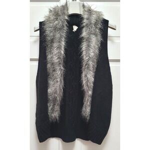 Madison Faux Fur Trim Wool Blend Cable Knit Open Sweater Vest - Black - Size XL